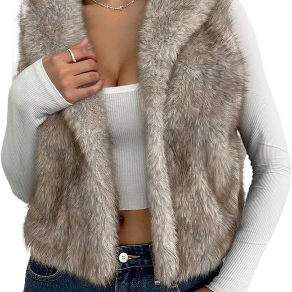 Womens Faux Fur Vest Collar Sleeveless Open Front Cardigan Top Fuzzy Coats Jacke